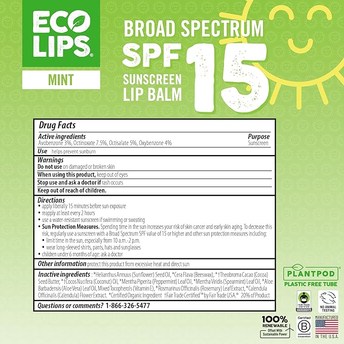 Eco Lips Classic Variety Broad Spectrum Sunscreen Lip Balm 6-Pack (Berry, Sport, Mint) - 100% Plastic-Free Plant Pod Packaging - Made in USA