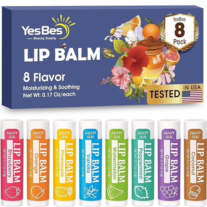 Lip Balm, 8 Pack Natural Bulk with Vitamin E & Coconut Oil, Moisturizing Dry Cracked Lips Protection, 8 Flavors - Stocking Stuffers