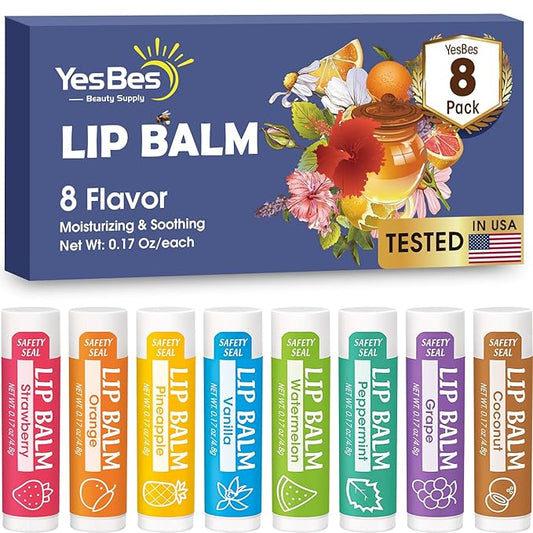 Lip Balm, 8 Pack Natural Bulk with Vitamin E & Coconut Oil, Moisturizing Dry Cracked Lips Protection, 8 Flavors - Stocking Stuffers