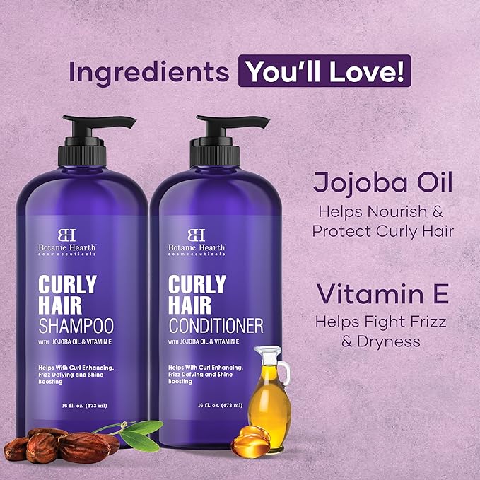 Botanic Hearth Curly Hair Shampoo and Conditioner Set For Curly Hair | Detangle, Define & Enhance Curls | With Jojoba oil & Vitamin E | Sulphate Free | 16 fl oz x 2