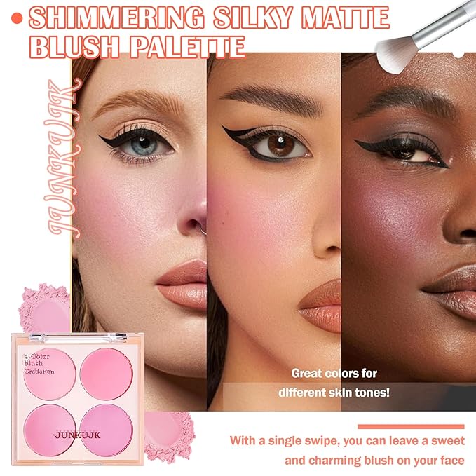 Blush Palette,Shimmer Silky Matte Blush Powder Palette,Professional Cute Face Contour Highlighter Blush Palette with Blush Makeup Brush 02