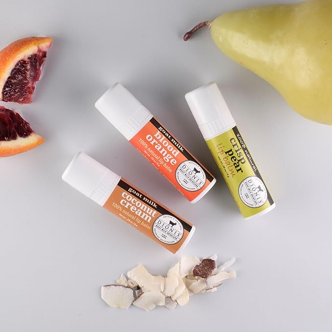 Dionis Goat Milk Skincare Fruity & Delicious Lip Balm Gift Set - Beeswax, Shea Butter & Coconut Oil Lip Care Products Made in The USA - Cruelty Free Lip Moisturizer For Dry Chapped Lips, 0.28oz 3 Pk