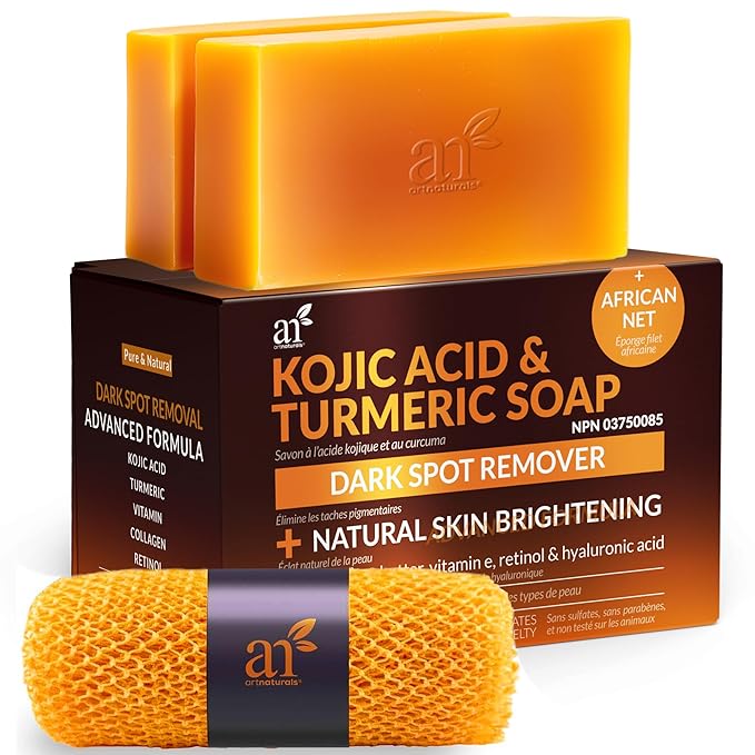 Kojic Acid Soap + African Net Sponge (2 pack X 142g Turmeric bars) Dark spot remover & Scars - Original Japanese Complex Vitamin C, Hyaluronic Acid, retinol, shea butter (Citrus)