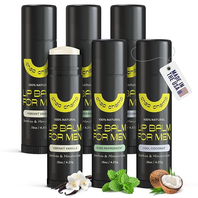 Lip Balm for Men - All Natural Mens Chapstick - Mens Lip Balm - Contains Vitamin E and Beeswax - Chapstick for Men - Peppermint, Coconut & Vanilla Lip Balm - 6 Pack Lip Balm Men