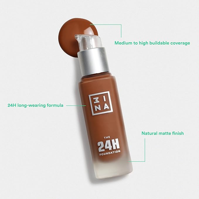 3INA The 24H Foundation 636-24H Long-Wearing Formula - Medium To High Buildable Coverage - Smooth Matte Finish - Expanded Shade Selection - Waterproof, Cruelty Free, Vegan Makeup - 1.01 Oz