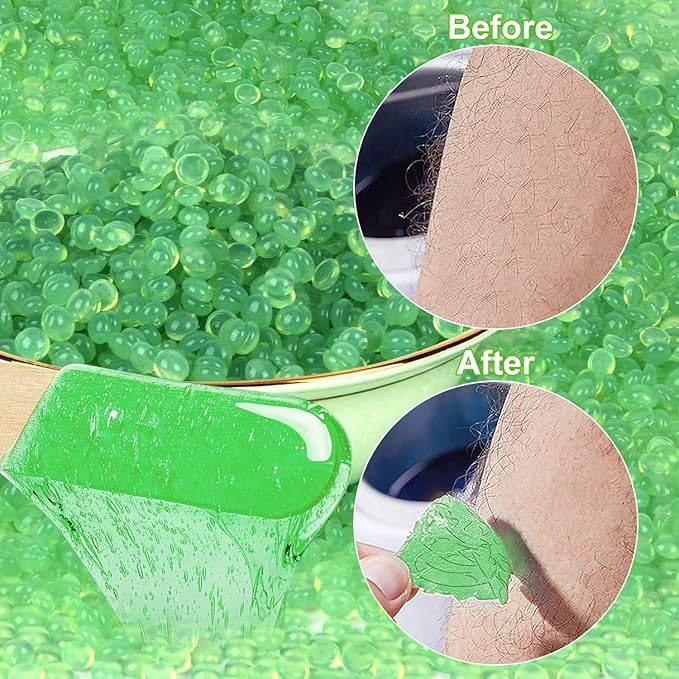 Hard Wax Beads for Brazilian Waxing, At Home Pearl Wax for Bikini, Face, Eyebrow, Legs - 300g (10 Oz) with 10 Wax Spatulas (Light Green-Aloe)