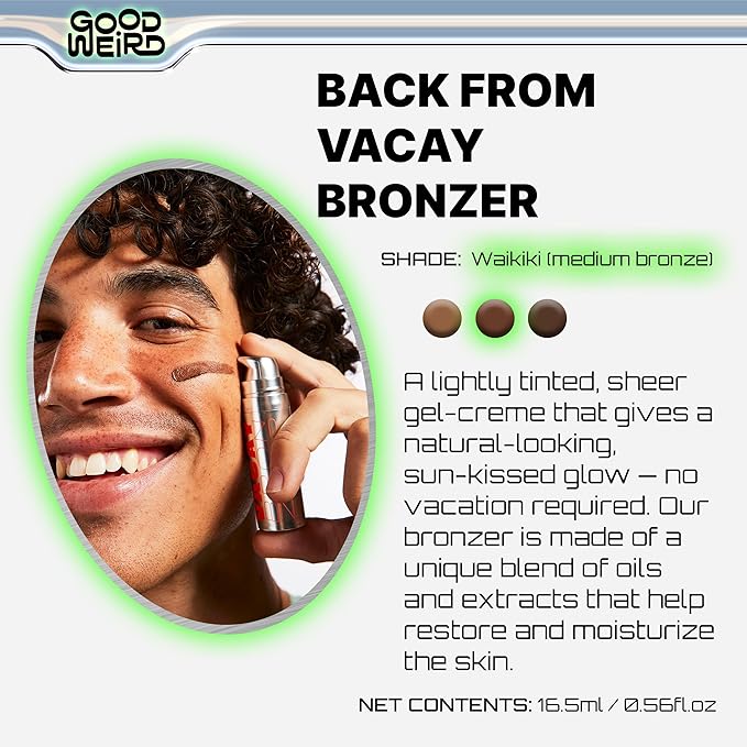 GOOD WEIRD Back From Vacay Bronzer - Vegan Liquid Face Bronzer Gel Cream for Men and Women | Natural Glow Lightweight Highlighter Makeup | Subtle Shimmer | 0.56 fl. oz. | WAIKIKI (Medium Bronze)