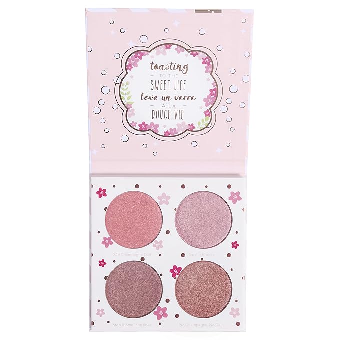 Beauty Bakerie Cotton Candy Champagne Blush Makeup Palette, Long Lasting Pigment, Matte and Metallic Highlighter Makeup, 4 Highlight Shades