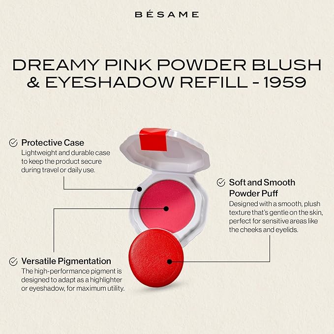 Besame Cosmetics Dreamy Pink Blush Refill, Pink Pressed Powder Blush