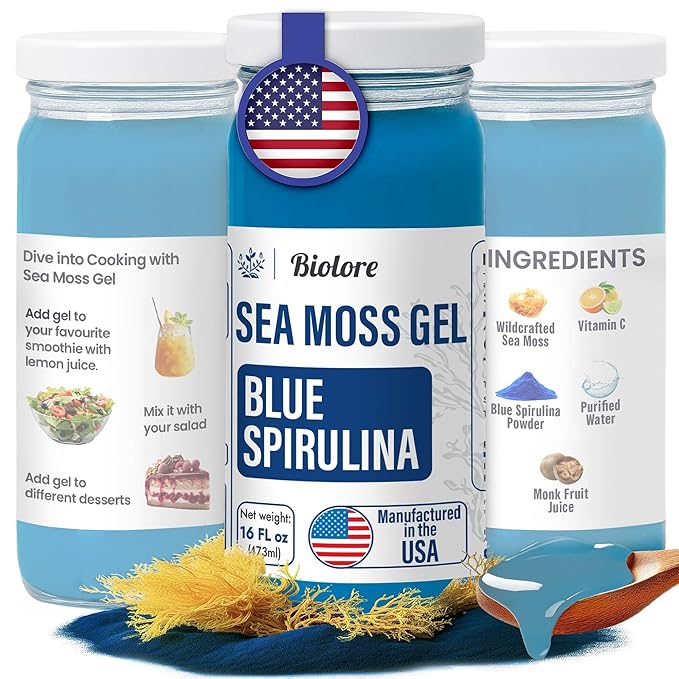 Biolore Sea Moss Gel - Blue Spirulina 16oz, Wildcrafted Irish Seamoss with Essential Vitamins & Trace Minerals, Vegan Superfood Made in USA