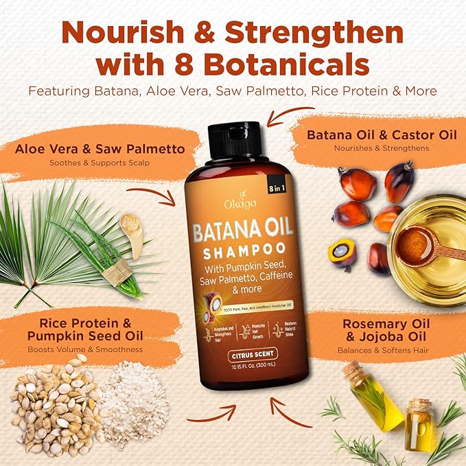 Batana Oil Shampoo for Hair Growth, Aloe Vera Leaf Juice, Saw Palmetto, Caffeine, Hydrolyzed Rice Protein, Pumpkin Seed, Castor & Rosemary Oils, 8-in-1 Natural Formula (10.15 fl oz Citrus Scent)