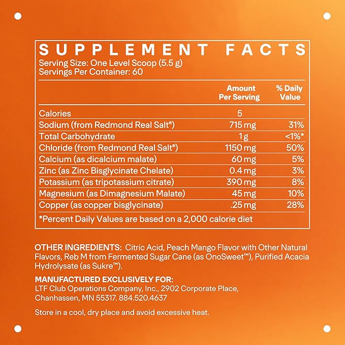 LTH Hydrate Hydration Mix - Trusted by Life Time Fitness Members - NSF Certified for Sport - Electrolyte Powder - Plant-Based, Non-GMO, Gluten Free - 60 Servings (Peach Mango)