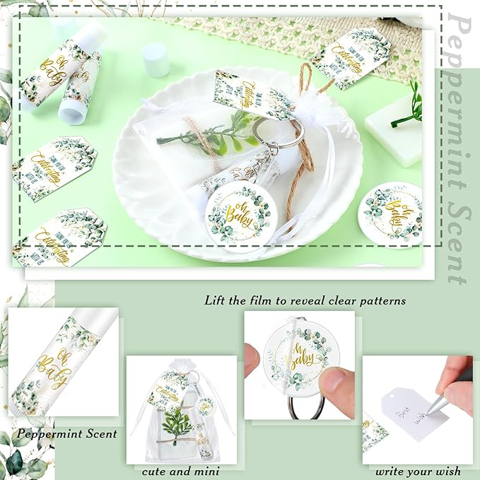 60 Sets 360 Pcs Lip Balm Soap Keychain Favors Eucalyptus Greenery Baby Shower Favors with Organza Bag Gift Card Faux Eucalyptus Greenery for Baby Shower Gift Gender Reveal Guest Prize