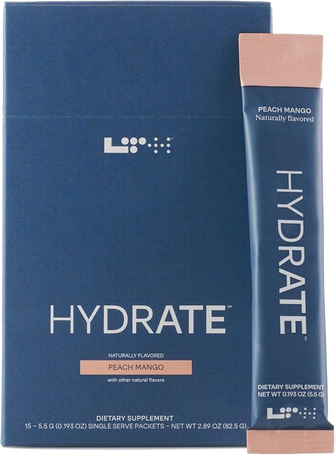 LTH Hydrate Hydration Mix - Trusted by Life Time Fitness Members - NSF Certified for Sport - Electrolyte Powder - Plant-Based, Non-GMO, Gluten Free - 15 Single-Serve Packets (Peach Mango)