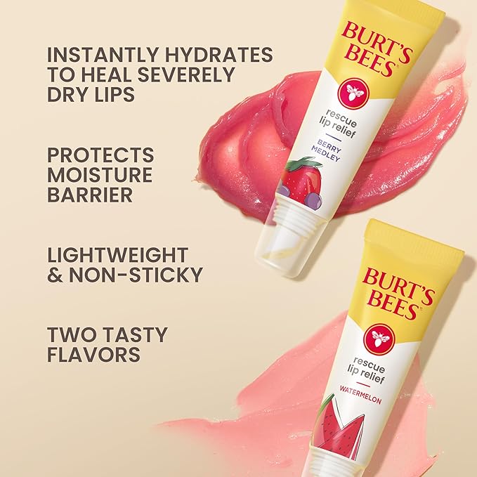 Burt's Bees Rescue Lip Relief, Watermelon & Berry Medley, Hydrating Lip Balm for Dry Cracked Lips, with Responsbily Sourced Beeswax and Shea Butter, 100% Natural Origin, 2 Pack, 0.35oz