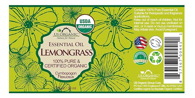 US Organic 100% Pure Lemongrass Essential Oil, USDA Certified Organic, Extracted by Steam Distillation Method, for Hair, Nail Polish Remover, Bees Attraction, and More. 30 ml, Value 2 Pack