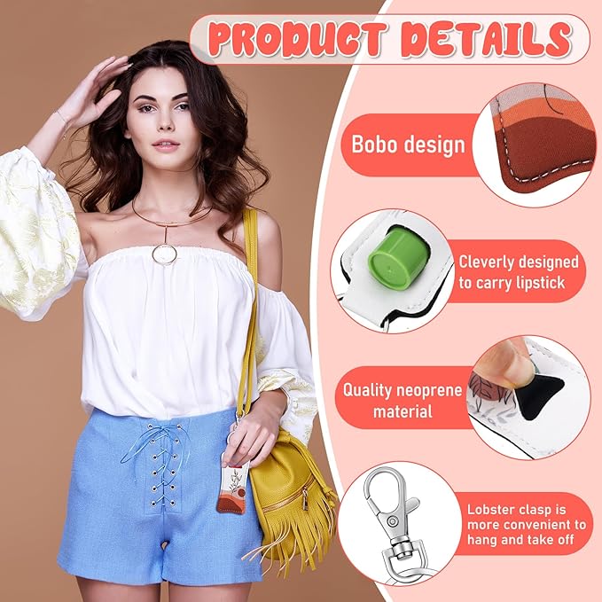 6 Pcs Boho Lip Balm Sleeve Keychain Lipstick Holder Key Chain with Portable Clip Lip Gloss Pouch Keychain for Women Graduation Travel Accessory Stocking Stuffers Gifts