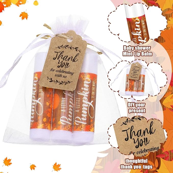 Demissle 50 Pcs Baby Shower Lip Balm Gift Set with 100 Pcs Organza Bags Baby Shower Party Favor for Guest Thank You Tag Rope Baby Shower Party Decoration Gender Reveal Souvenirs(Pumpkin)