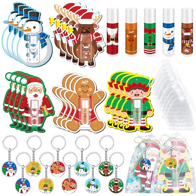 Henoyso 150 Pcs Christmas Favors 5 Styles Lip Balm Bulk Moisturizing Lip Balms Acrylic Keychains with Organza Bags for Xmas Holiday Treat Gifts Women Christmas Stocking Stuffers Party Supplies