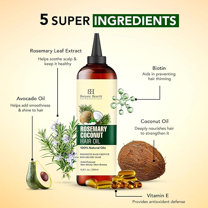 Botanic Hearth Rosemary, Coconut & Avocado Oil For Hair Growth (6.7 fl oz) Infused with Rosemary, Coconut, Biotin|Hair Oil Repairs Damaged Hair, Strengthening, Healthier Hair, Moisturizing- Hair Tonic