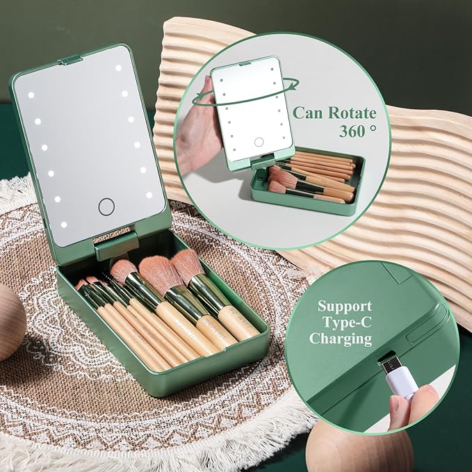 BS-MALL Travel Makeup Brush Set Foundation Powder Concealers Eye Shadows Makeup Set with LED light Mirror 14 Pcs (Green)