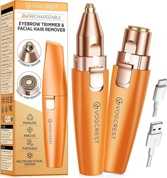 Eyebrow Facial Trimmer: 2 in1 Rechargeable Facial Hair Removal and Eyebrow Shaver - Face Lips Body Painless Facial Razor with Built-in LED Light (Orange)