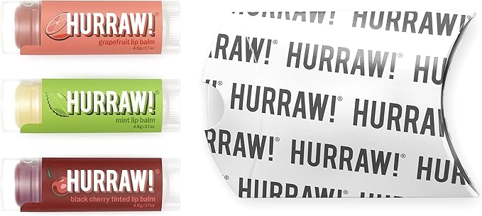 Hurraw! Grapefruit, Mint, Black Cherry Tinted Lip Balms, 3 Pack Bundle: Organic, Certified Vegan, Cruelty and Gluten Free. Non-GMO, 100% Natural. Bee, Shea, Soy & Palm Free. Made in USA