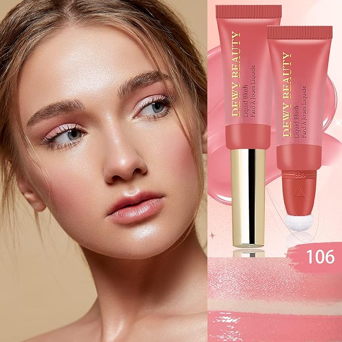 Liquid Blush Makeup Wand, Cream Liquid Blush with Cushion Applicator For Cheeks Tint, Natural-looking, Glow Dewy Finish, Weightless Blendable Liquid Blush Stick | #106 ELEGANT-Soft Pink