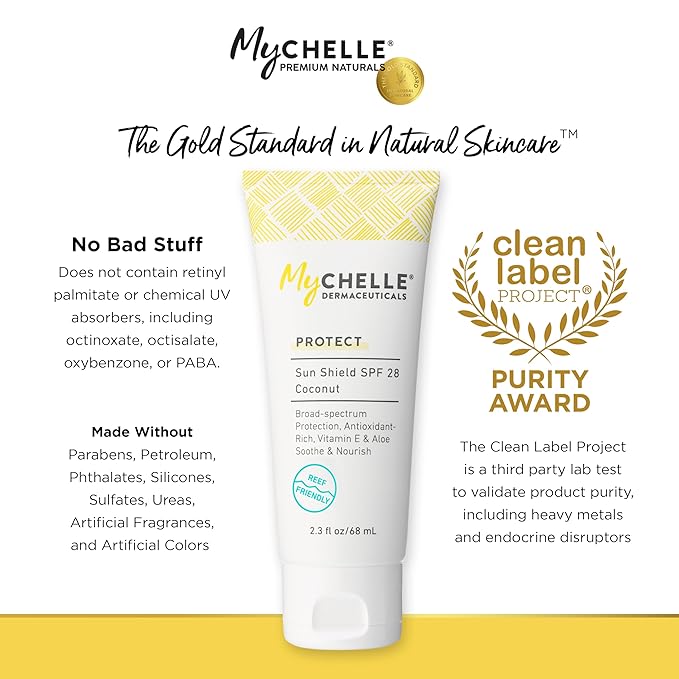 MyCHELLE Dermaceuticals Sun Shield SPF 28 Coconut (2.3 Fl Oz) - Soothing Reef Safe Sunscreen with Vitamin E and Aloe - Travel Size Zinc Sunscreen for Face and Body