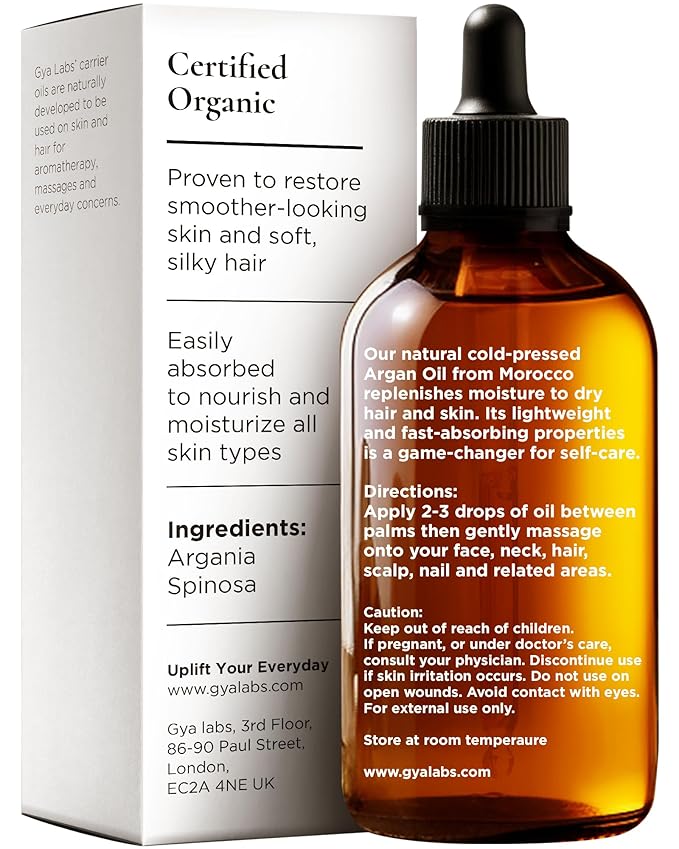 Gya Labs Organic Argan Oil for Hair - 100% Pure Natural Cold-Pressed Moroccan Argan Carrier Oil for Skin, Face, Nail, Lotions, Soaps & Conditioners (3.4 Fl Oz) - Soothing & Moisturizing