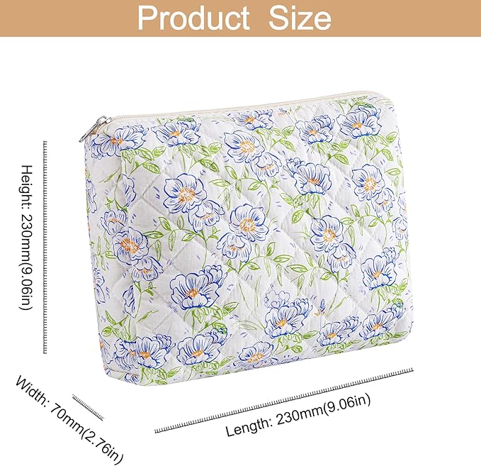 Makeup Bag Travel Cosmetic Bag for Women Girls, Zipper Make Up Pouch, Floral Flowers Toiletry Organizer Makeup, Portable Storage Bag, Cosmetic Travel Cloth Bag (L/Large Blue Flowers)
