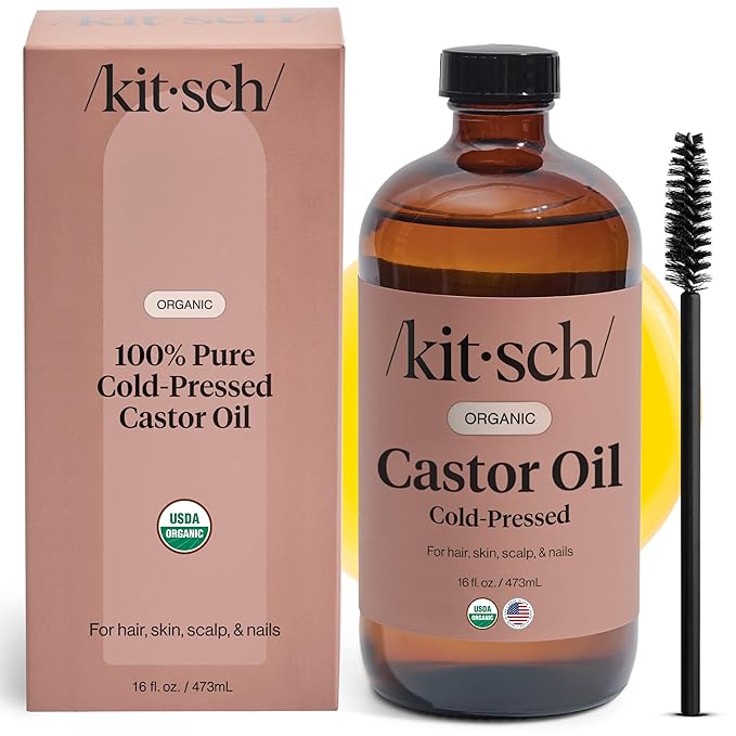 Kitsch Organic Castor Oil for Hair Growth - 100% Pure Castor Oil, Organic Cold Pressed Unrefined Glass Bottle for Face, Skin, Lashes, Brows, Scalp, Nails & Belly Button - Hexane Free, USDA - 16 oz