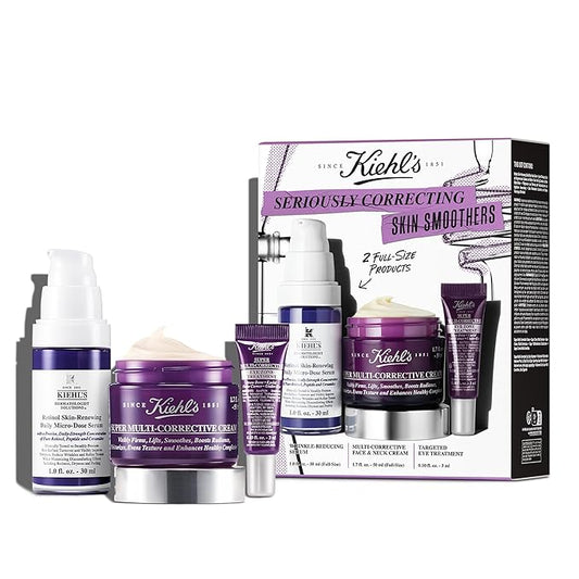 Kiehl's Seriously Correcting Skin Smoothers Skincare Gift Set – 3 Piece Skincare Routine Set with Wrinkle Reducing Face Moisturizer, Retinol Facial Serum & Anti-Aging Eye Cream