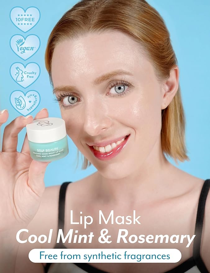 SelfBeauty Lip Mask - Cool Mint Rosemary, Vegan Lip Balm, Daily Lip Moisturizer, Overnight Hydrating Lip Treatment with Cool Mint, Lip Scrub Exfoliator Intensive Lip Repair, 0.51fl.oz