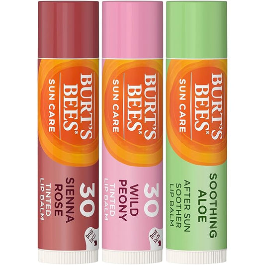 Burt's Bees Sun Care Lip Balm Pack, SPF 30 Tinted Lip Balm, After Sun Lip Balm, Water-Resistant Lip Moisturizer, Wild Peony, Sienna Rose, Natural Origin Lip Care, 3 Tubes, 0.15 oz.