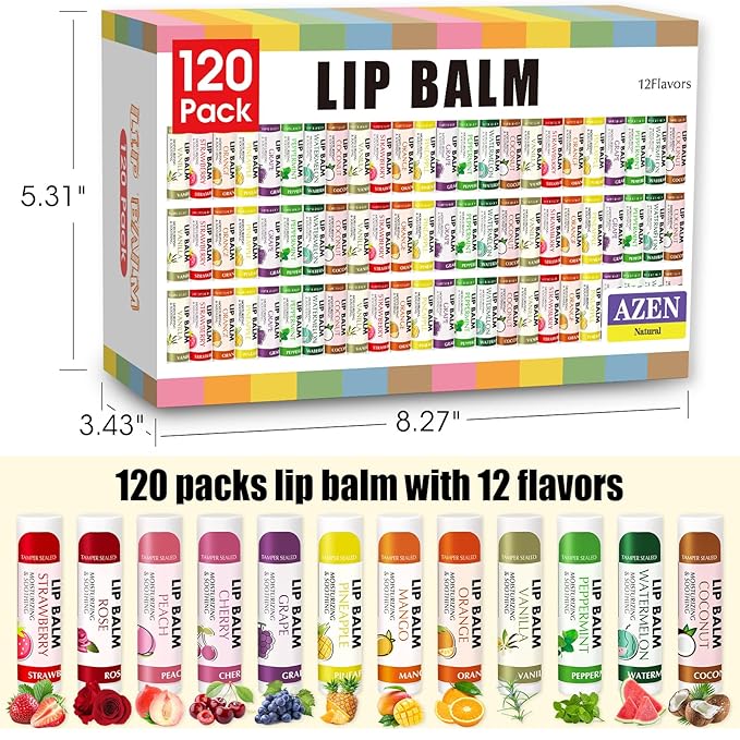 AZEN 120 Pack Lip Balm, Natural Lip Balm Bulk, Lip Care Product, Moisturizing Lip Balm for dry cracked lips