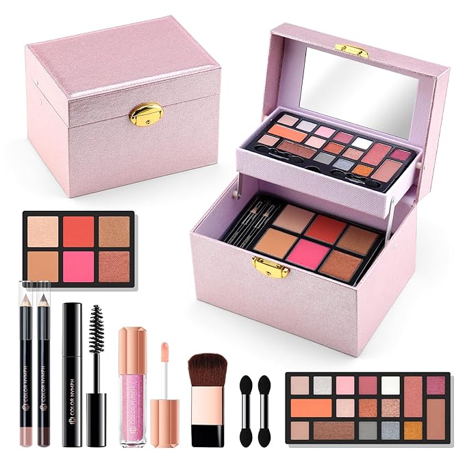 Color Nymph Beginner Makeup Kit For Teens, Girls Makeup kits With Recyclable And Key-Lockable Cabinet Included 17-Colors Eyeshadows Blushes Bronzer Highlighter Lipstick Brushes Mirror(Pink)