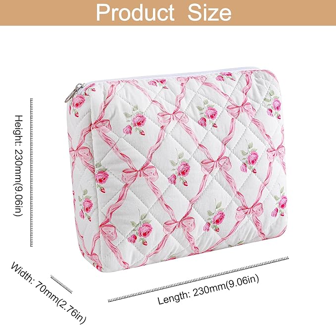 Makeup Bag Travel Cosmetic Bag for Women Girls, Zipper Make Up Pouch, Floral Flowers Toiletry Organizer Makeup, Portable Storage Bag, Cosmetic Travel Cloth Bag (2 Pack (L+S)/Pink Bowknot)