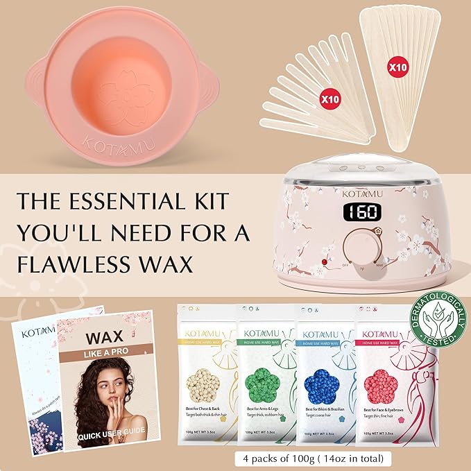 KOTAMU Waxing Kit for Women & Men, Wax Warmer for Hair Removal, Digital Wax Kit with Silicone Pot，Ideal for Face Eyebrow Arm Legs Armpit &Sensitive Skin, Cherry Waxing Machine for Home Salon Use