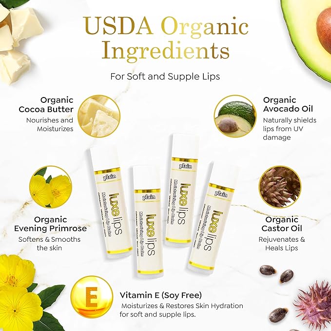 Luxe Beauty No-Beeswax, No-Petroleum Organic Lip Moisturizer for Very Dry Lips - For Sun/Wind Damage, Dryness & Chapping Lip Care – 4-Pack Hydrating Lip Care Products That Work Over/Under Lipstick