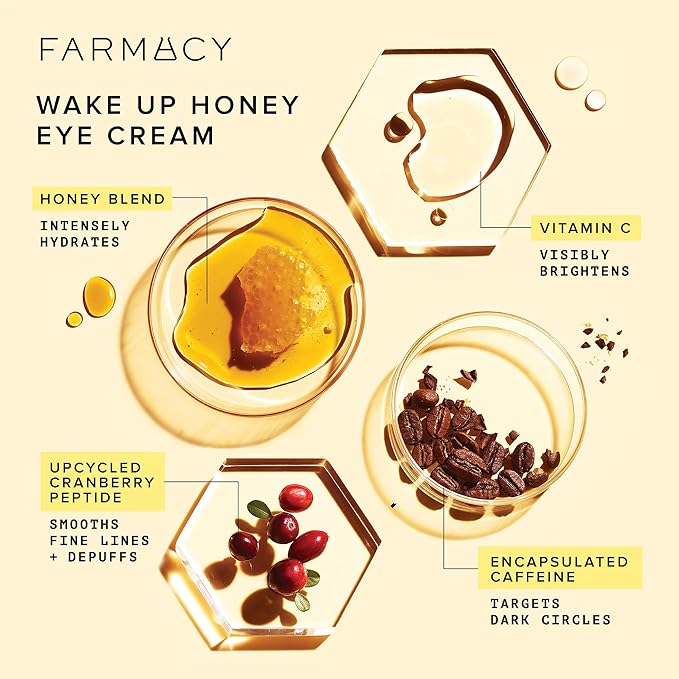 Farmacy Brightening Eye Cream - Wake Up Honey Under Eye Cream for Dark Circles + Puffiness - Caffeine Eye Cream Enriched with Vitamin C + Cranberry Peptide to Smooth Wrinkles Over Time (15ml)