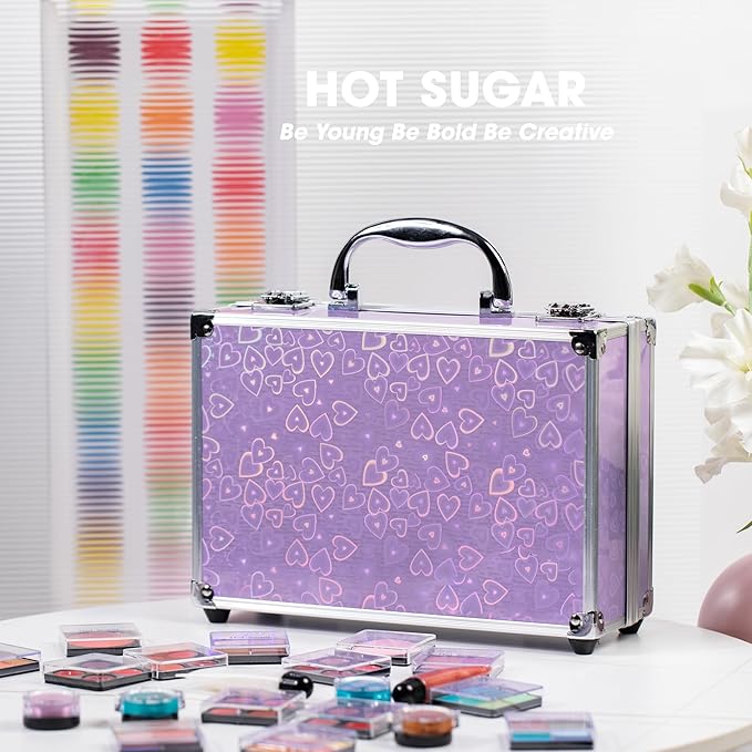 Hot Sugar Makeup Kit for Teenager Girls - Full Starter Cosmetics Set with Eye Shadow Lip Balm Blush Lip Gloss Brush Lip Pencil Eye Pencil and Mirror (Purple Love)