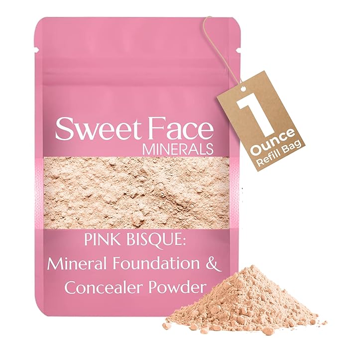 Foundation Powder Refill (Pink Bisque) (1 Ounce Bag) By Sweet Face Minerals, Lightweight Mineral Loose Makeup Powder with SPF 20, Full Coverage Flawless Finish, Talc-free, Cruelty-Free, Refill Pouch