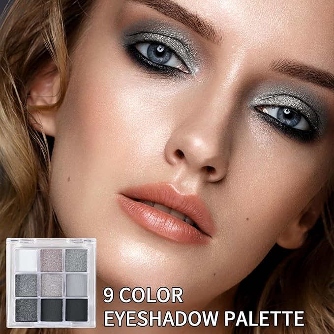 Erinde Black Smokey Gray Silver Eyeshadow Palette, 9 Colors Matte Shimmer Glitter Eye Shadow Makeup Pallet, Highly Pigmented Long Lasting Waterproof, Natural Neutral Shiny Eyeshadow Make Up Palette