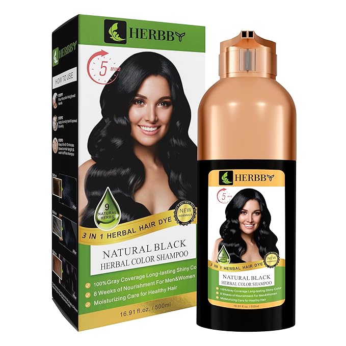 Hair Color Shampoo for Gray Hair Coverage&Color Transform with 9 Herbal Extracts –Long Lasting(6-8 Weeks),Shiny,Evenly Colored,Instant Hair Dye Shampoo&Conditioner,500 Ml (NATURAL BLACK COLOR)