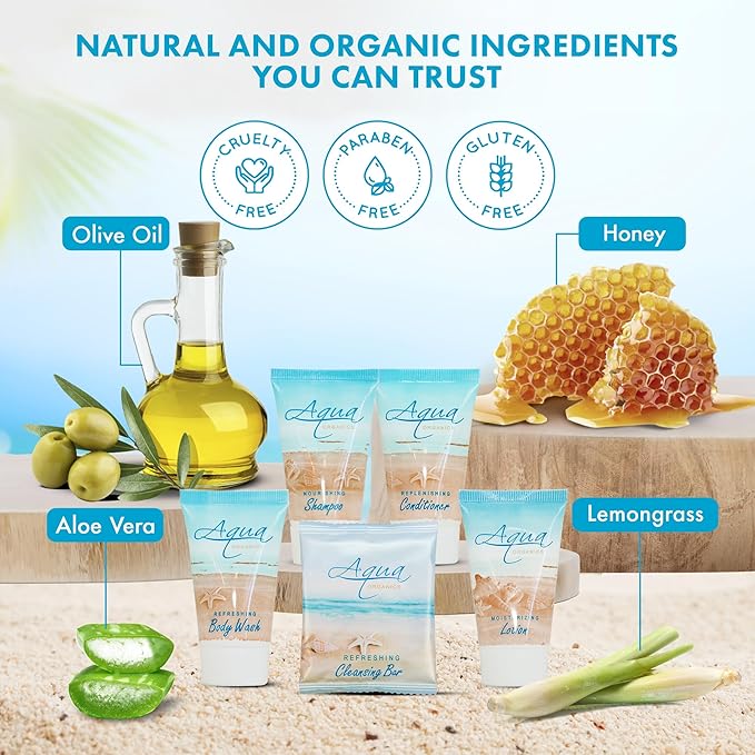 1-Shoppe All-In-Kit|Aqua Organics Amenity Kit|Boxed Hotel Toiletries|Bulk Set 1oz Travel Size Shampoo,Conditioner,Lotion,Body Wash & Bar Soap for Guest Hospitality AirBnB/Vacation Rentals|5 Pieces