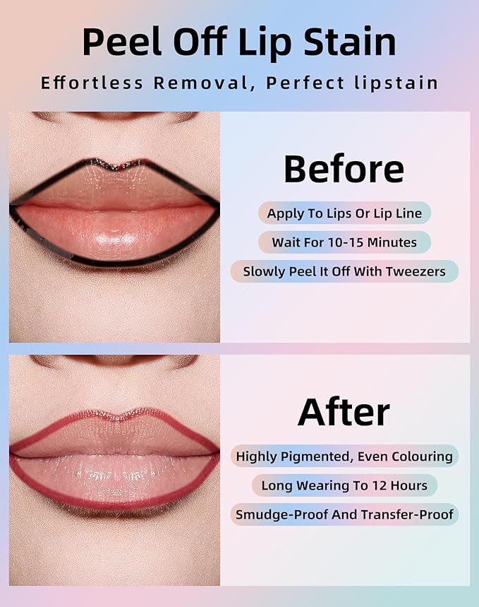 KIMUSE Lip Stain Peel Off, Peel Off Lip Liner Stain with Tweezer, Long Lasting, Waterproof, Transfer Proof Lipstains Color, Smudge-Free, Easy Removal, Matte Finish
