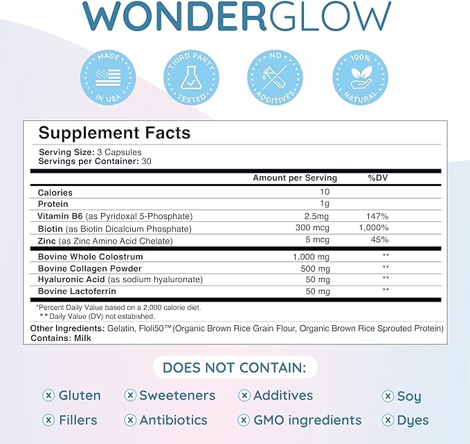 Hair Skin and Nails Vitamins w/Bovine Colostrum, Collagen, Hyaluronic Acid, Biotin, Zinc, & Lactoferrin┃Supports Faster Hair Growth, Stronger Nails and Glowing Skin (30 Servings, Capsule)