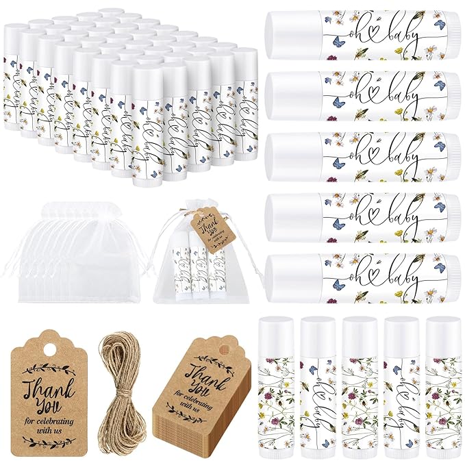 Demissle 50 Pcs Baby Shower Lip Balm Gift Set with 100 Pcs Organza Bags Baby Shower Party Favor for Guest Thank You Tag Rope Baby Shower Party Decoration Gender Reveal Souvenirs(Purple Flower)