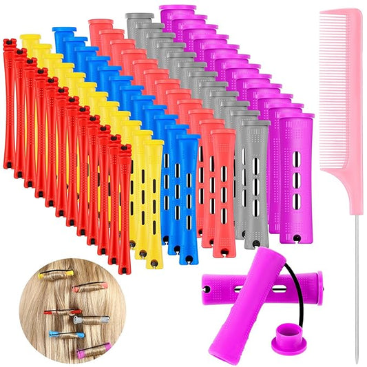 48 Pieces Hair Perm Rods Short Cold Wave Rods Plastic Perming Irons Hair Curling Rollers Curlers with Steel Pintail Comb Rat Tail Comb for Hairdressing Styling Supplies(6 Sizes,6 Colors)